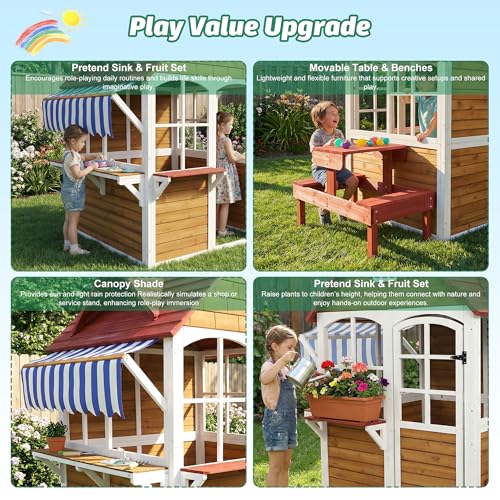 Large Solid Wood Outdoor Kids Playhouse with Sink & Table Set, Backyard Wooden Play House with Canopy, Detachable Bench & Flowerpot Holders, Open View Design for Easy Supervision - Thumbnail 5