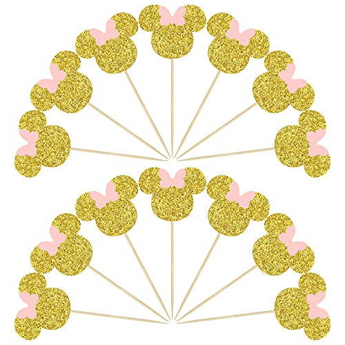 Gyufise 36 Pack Mouse Inspired Cupcake Toppers With Pink Bow Gold Glitter Mouse Cake Decorations For Baby Shower Wedding Kids Birthday Party Cake Decorations Supplies #TOP2