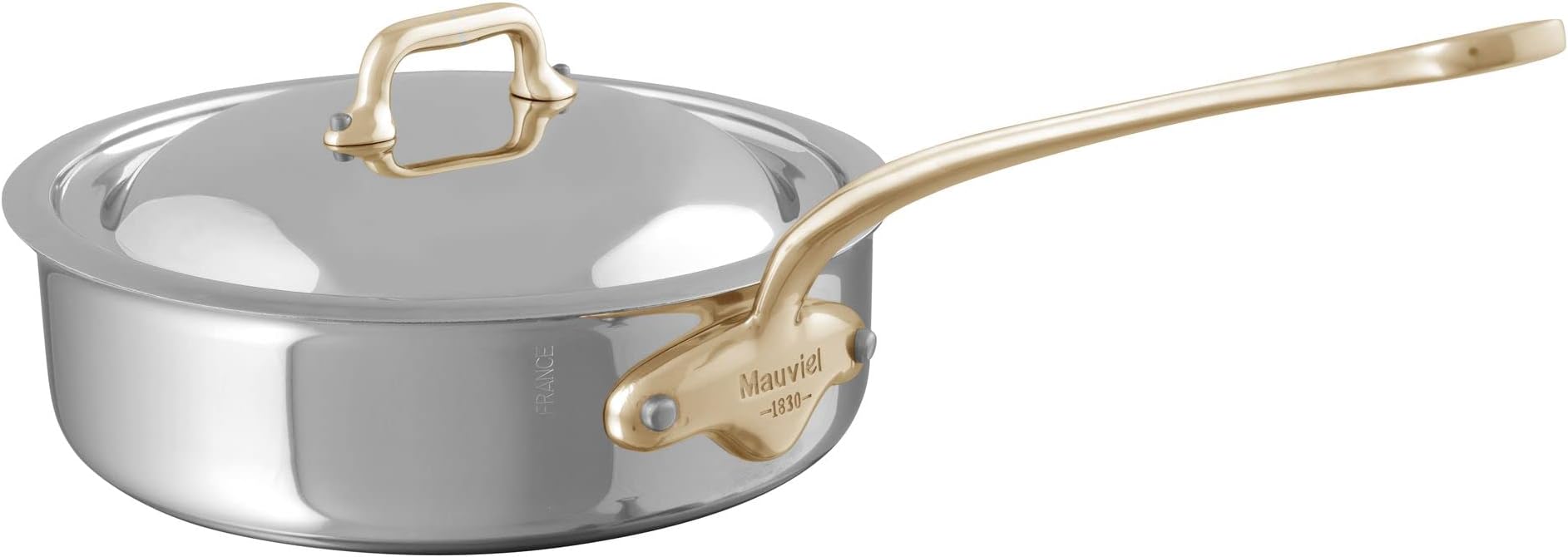 M'Cook B 5-Ply Polished Stainless Steel Saute Pan With Lid, And Brass Handle, 3.2-qt, Made In France