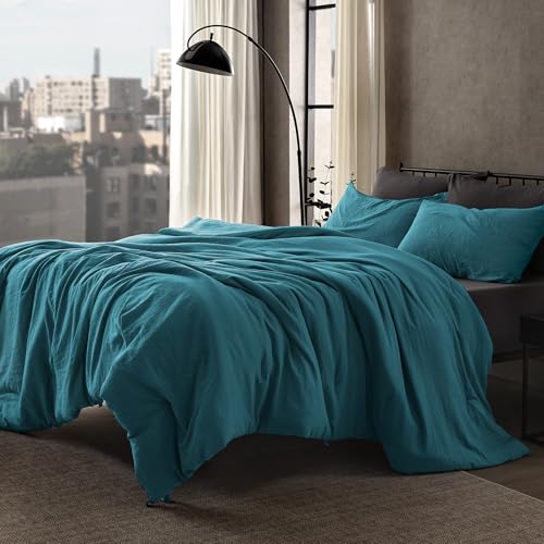 SLEEP ZONE King Size Comforter Set, Duvet Insert with Natural Wrinkle Texture, Cotton-Linen Feel, Lightweight and Breathable Fluffy Bedding Sets with 1 Comforter and 2 Pillow Shams (Teal)