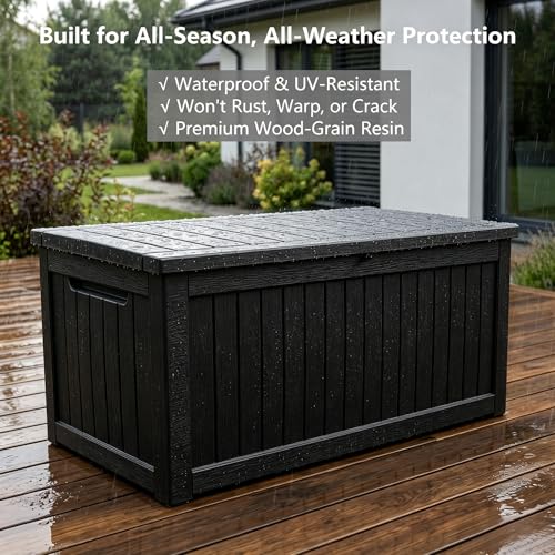 Image of Large 258 Gallon Resin Deck Box, Heavy Duty Lockable Patio Storage Box Outdoor, Waterproof Tool Box for Garden Furniture Cushions & Pool Supplies, Wood Grain Outdoor Storage Bench for Backyard