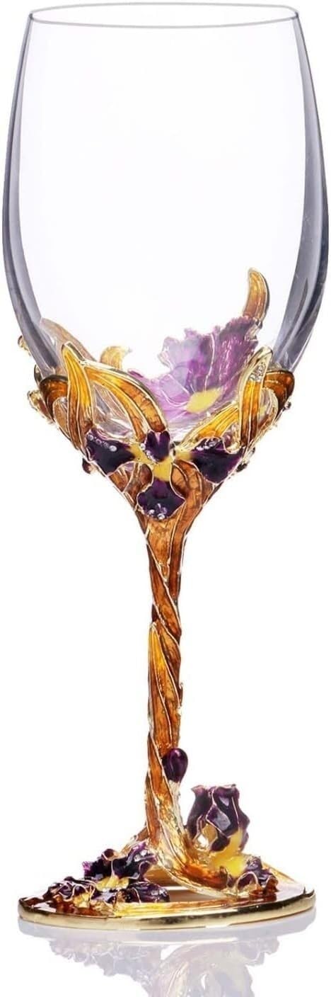 Weinglas-Set, 1/2 Stück handbemalte Emaille-Kelche 350 ml, bleifreies Kristallglas, florales Design, goldene Akzente, for Rotwein und Champagner(One)