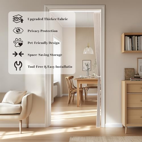 Image of AJAZZ Blackout Accordion Door with Curtain Rods Adjustable 28-39 inch Long Invisible Sliding Glass Door Curtain for Bedroom Living Room Doorway Curtain Sets (1 Pack, 44 W x 78 L, Cream Yellow)