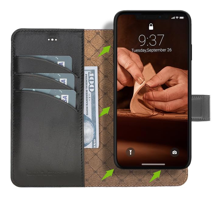 Custodia per iPhone 12 Pro Max (6,7 pollici) – Custodia in pelle Premium con funzione stand, custodia removibile, chiusura magnetica e tasca per carte – Bouletta Rustic Black
