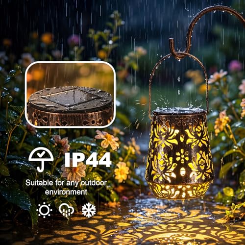 Edenseelake 2 Pack Solar Hanging Lanterns Outdoor Waterproof, Metal Flower Solar Lights, Decorative LED Lantern for Garden, Patio, Porch, Yard, Lawn, Bronze by Edenseelake - Used condition - Image 4