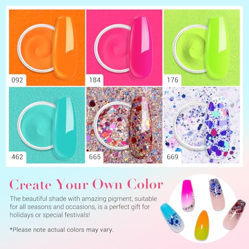 AZUREBEAUTY Orange Fluorescent Blue Green Dip Powder Nail Set, 6 Spring Summer Colors Dipping Starter Kit French Art Manicure DIY Mother's Gift for Women, No Need Lamp Cured — view 3