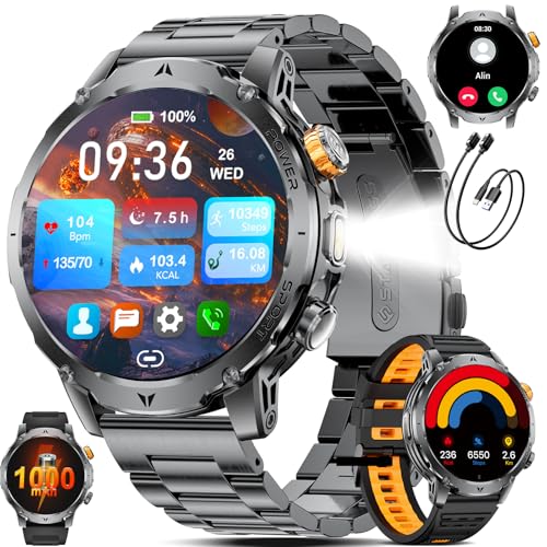 SUNKTA Smartwatch Herren Militär 1000 mAh großer Akku 1,7″ HD Bluetooth Anrufe Smartwatch für iOS Android Fitnessuhr,Herzfrequenz/Schlafmonitor/Schrittzähler,3 Armbänder,2 Ladegeräte,Grau Sportuhr