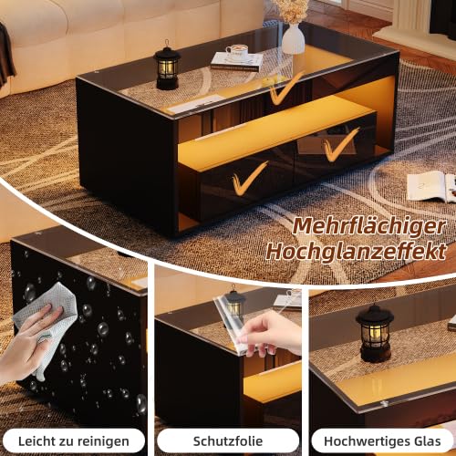 Merax LED Couchtisch – Moderner Wohnzimmertisch mit 16 Farben & 4 Modi, Hochglanz Design, Stauraum, aus gehärtetem Glas, als Teetisch, Sofatisch, Kaffeetisch, Beistelltisch