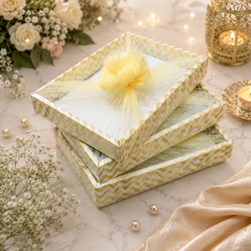 Image of SATYAM KRAFT 3 Pcs Decorative DIY Folding Gift Box | Rectangular Tray with Net for Rakshabandhan, Birthday, Anniversary, Festival, Return Gifts, Sweets, Craft