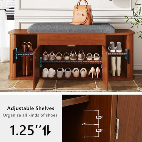 Image of Einhomn 47.2'' Sliding Door Entryway Shoe Storage Bench with Seat Cushion, Shoe Rack with Lift-Top Hidden Storage & Adjustable Shelf, Bench for Bedroom End of Bed, Walnut