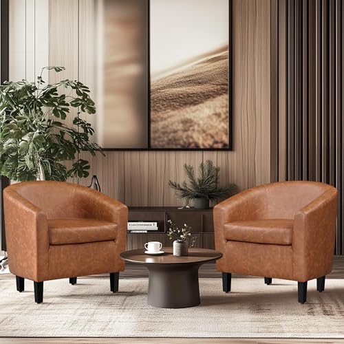 Yaheetech Brown Accent Chairs Set of 2, Faux Leather Barrel Chairs, Comfy Modern Leather Club Armchairs with Soft Seat for Living Room Bedroom Reading Waiting Room - Image 3
