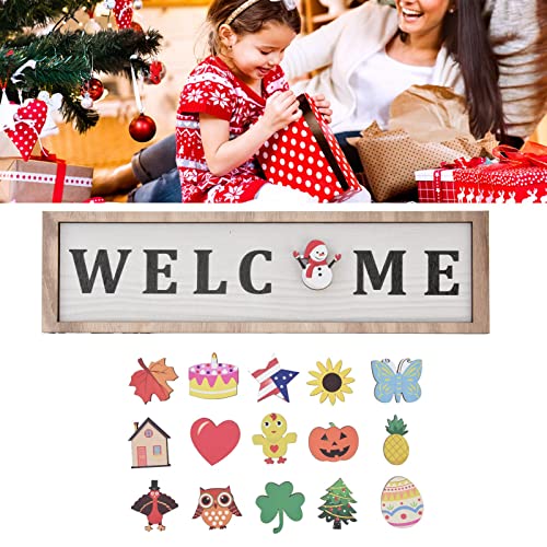 Holiday Interchangeable Welcome Sign for Front Door Christmas Wood Porch Sign with 16 Pcs Seasonal Icons Home Farmhouse Xmas Welcome Outdoor Festival Seasonal Decoration