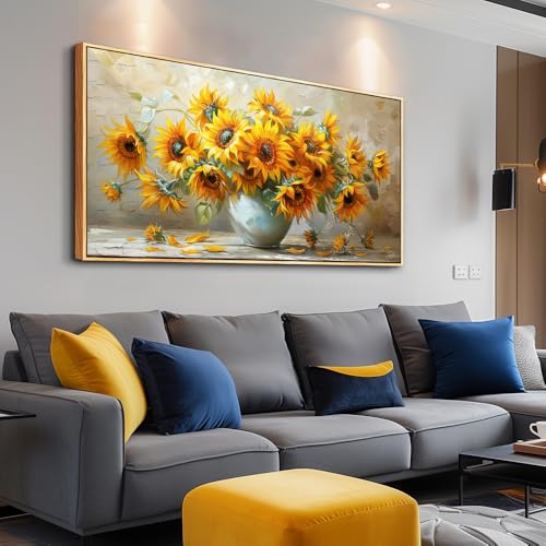 PHAOHUAXM Large Canvas Wall Decor For Living Room Wall Art Vintage Printing Yellow Flower Paintings Dining Room Bedroom Bathroom Kitchen Wall Painting Home Decor Wood Frame Ready To Hang 24x48 In