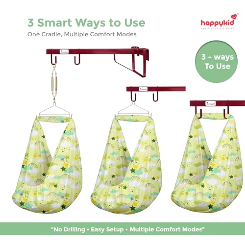 Image of Happykid Baby Cradle Set | Durable Cotton Cloth, Mosquito Net, Spring, Triangle and Window Hanger (Green, Without Bed)