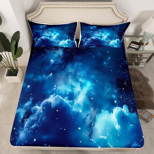 Starry Sky Series Fitted Sheet Queen Size,Galaxy Decor Sheet Set