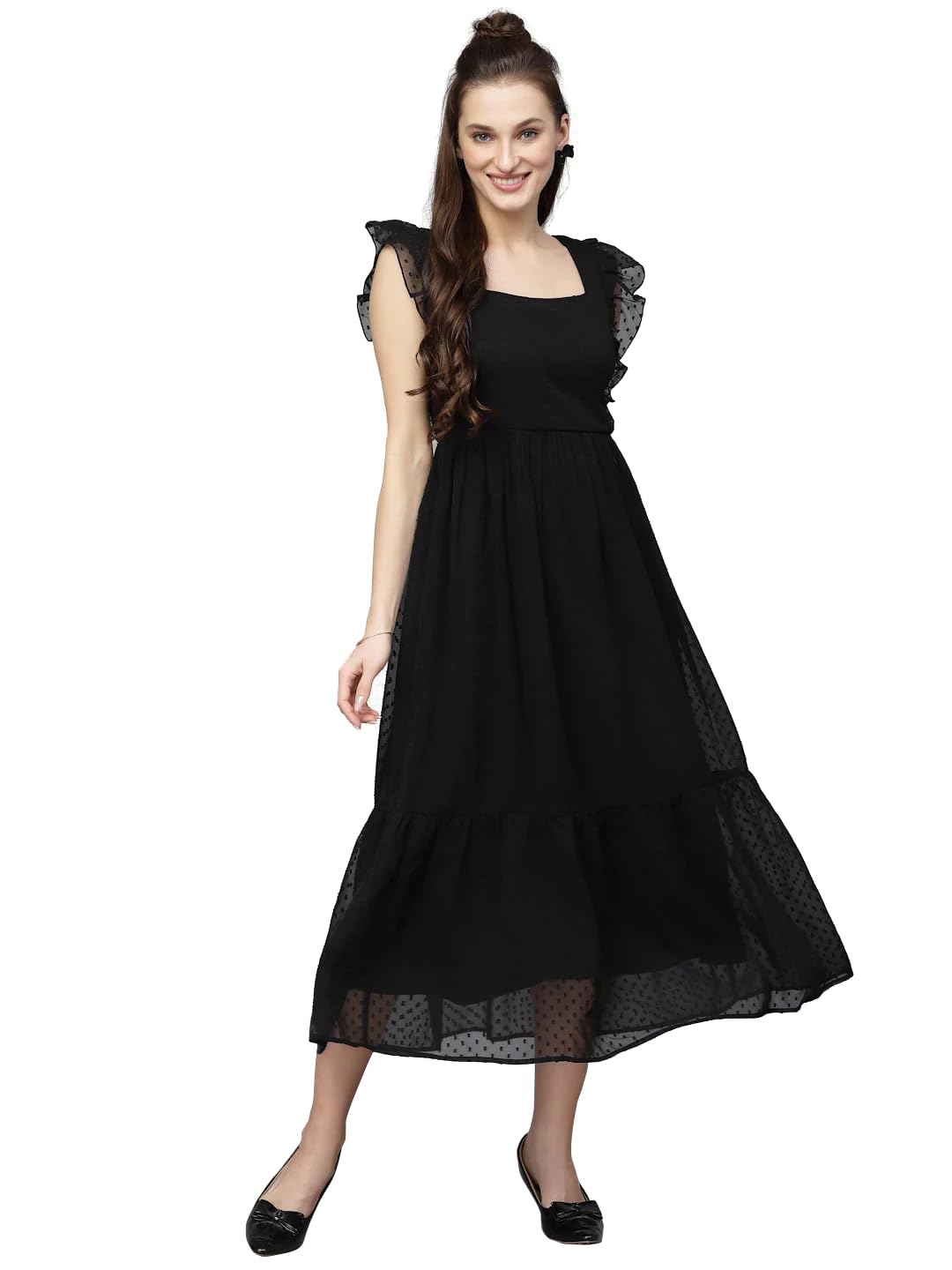Avanova Georgette Jacquard Butti Black Square Neck Knee Length Western Dresses For Women (Dress 89 Black M)