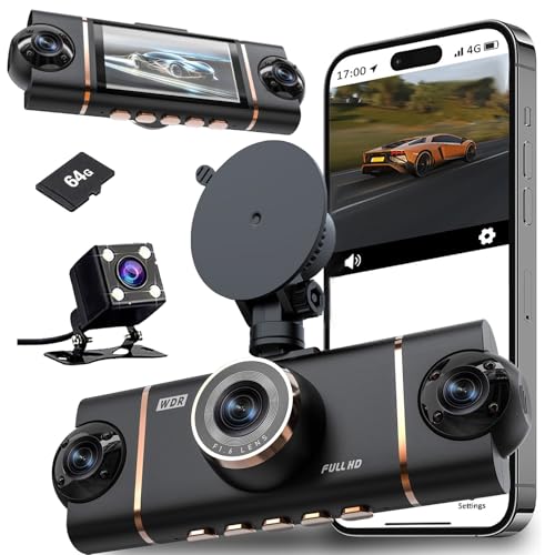 Câmera Veicular 4 Lentes Full HD 1080p com Visão Noturna – Dashcam Frontal, Interna e Traseira, Tela IPS 3.0'', Ângulo de 170°, WDR, Cartão de 64GB Incluso