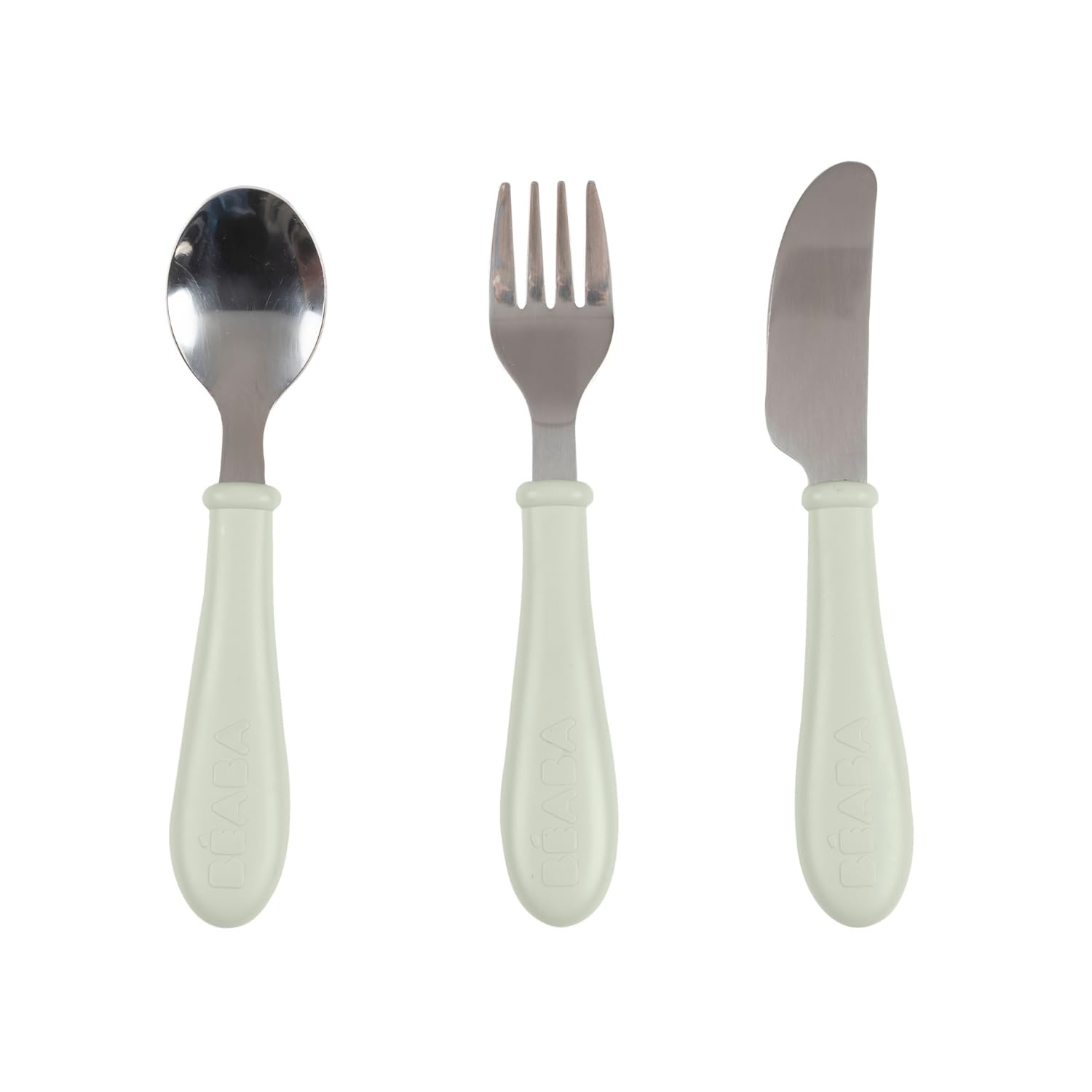 BÉABA, Set of 3 Stainless Steel Learning Cutlery – 2nd Stage, from 12 Months, Easy Grip for Baby, Blue Grey