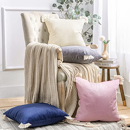 Phantoscope Pack Of 2 Corduroy Pillow Covers Decorative Striped Velvet Throw Pillows With Cotton Tassels Soft Cushion Covers Pillowcases, Off White 18 X 18 Inches #TOP4