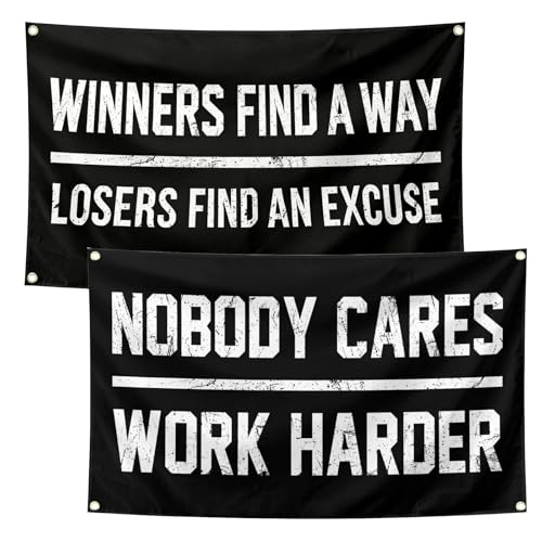 Motivational Banners Set - Gym and Office Wall Decor with 4 Grommets - Heavy-Duty 13oz Vinyl UV Print Indoor/Outdoor Posters - Losers Find An Excuse Nobody Cares Work Harder (3 x 5 FT)