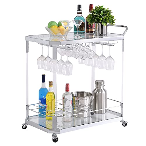 Ferfalder Silver Bar Cart-Coffee Bar Cart Rolling Acrylic Serving Cart With Wine Rack For Home Living Room Kitchen-Chrome #TOP6