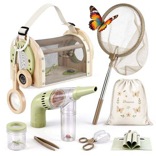 Dreamon Kit de Chasse aux Insectes pour Enfants – Coffret Exploration Nature avec Cage en Bois, aspirateur, Filet à Papillons et Sac – Cadeau Safari...