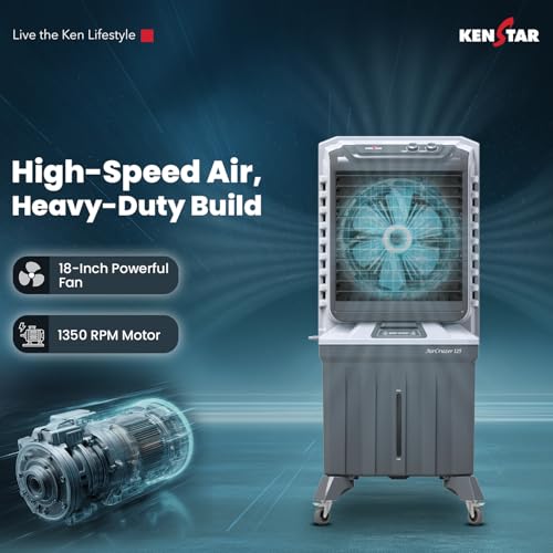 Image of Kenstar AirCruzer 125L Desert Air Cooler|125L Tank|Honeycomb Cooling Pads|60 ft Air Throw|3-Speed Control |Water Level Indicator|5 Star BEE Rated|5-Year Warranty on Motor&Pump|Light Grey & Light Dark