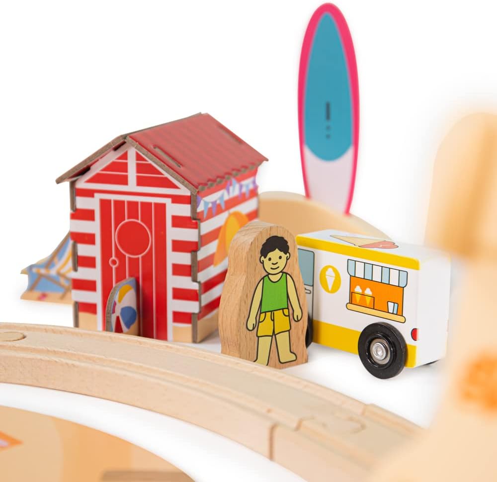 Bigjigs Rail, Coastal Clean Up Train Set, Wooden Train Set, Toys for 3 4 5 6 Year Olds, Traditional