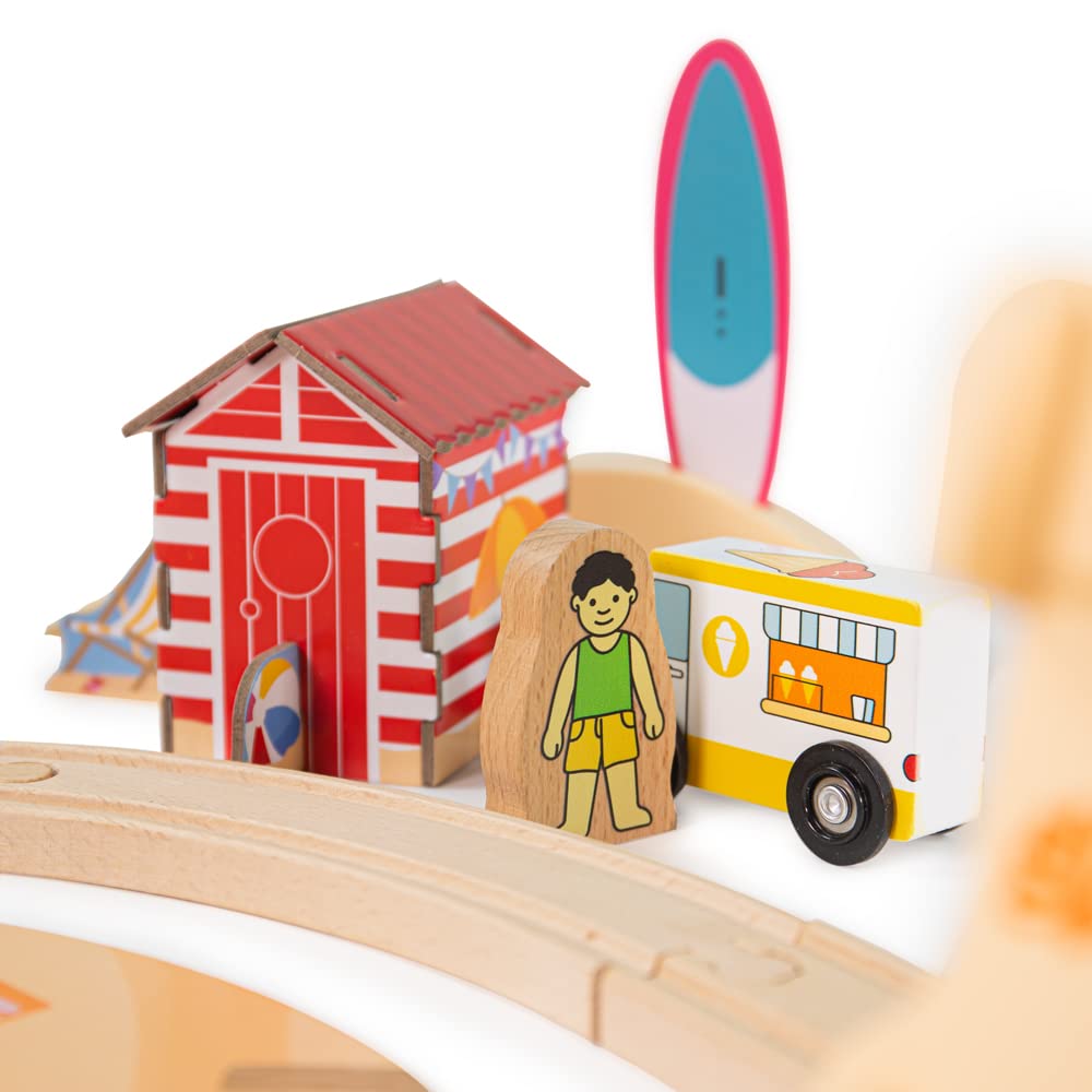 Bigjigs Rail, Coastal Clean UpTrain Set, Wooden Toys, Wooden Train Set, Wooden Toys for 3 4 5 6 Year Olds, Train Toy, Wooden Train Track, Traditional Train Set