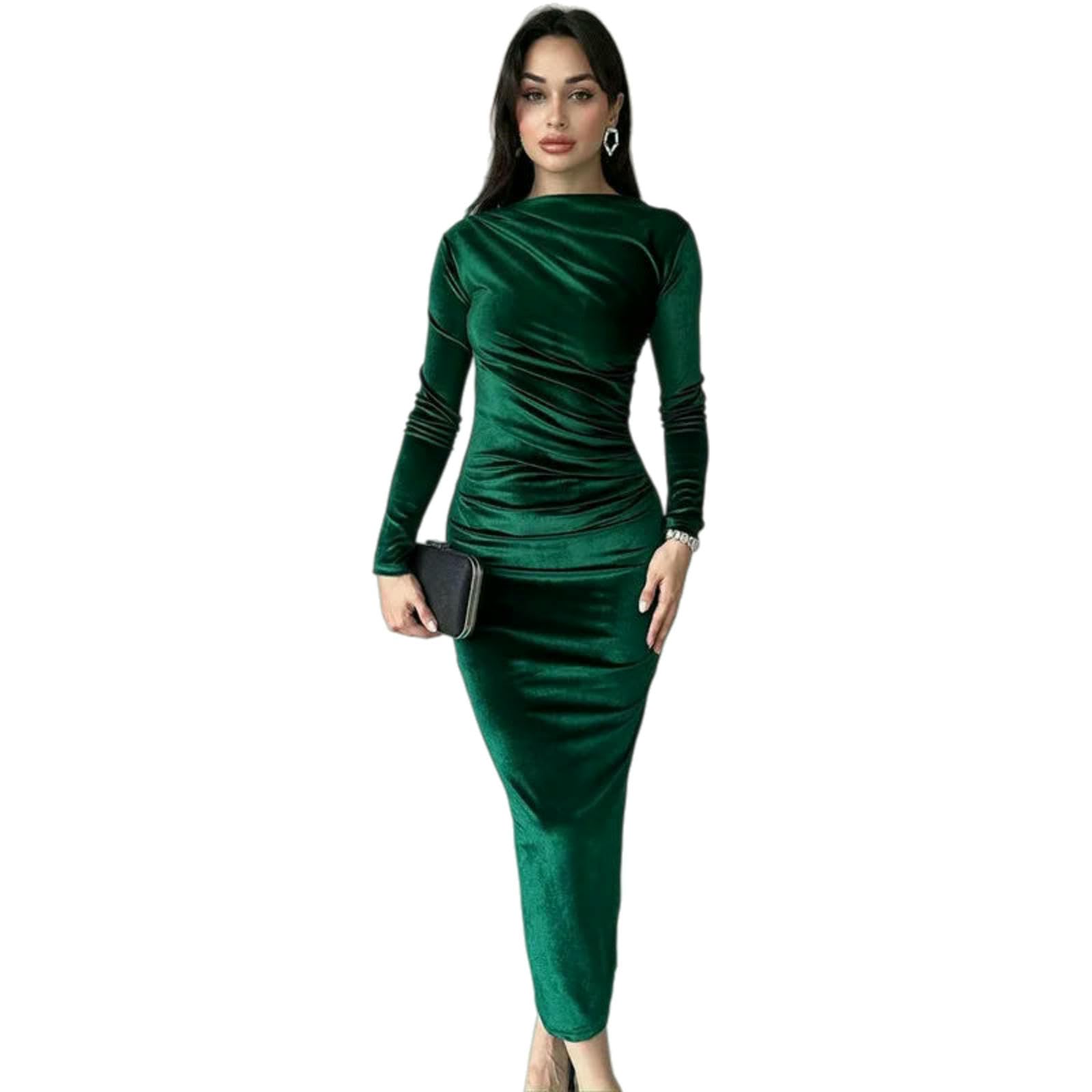 Vestiti a Maniche Lunghe Abito Midi da Donna in Velluto Lunghe, Sera Elegante con Volant per Feste Primaverili, Eventi Formali E Occasioni Speciali-835-blu-l