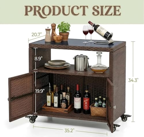 SONGBATE Outdoor Storage Cabinet with Wheels, Patio Sideboard Buffet Cabinet with Metal Slatted Countertop, 2-Door Wicker Sideboard, Outdoor Bar for Patio Garden Backyard Poolside, Mix Brown — view 2