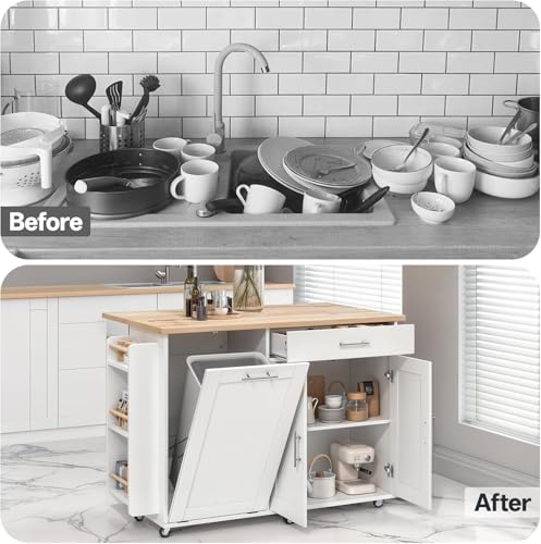 LotaTools 53.9\" Rolling Kitchen Island Cart with Drop Leaf & Storage - Mobile Kitchen Organizer with Wheels, Rubberwood Top, Trash Bin Cabinet & Towel Rack, White Farmhouse Style for Small Spaces