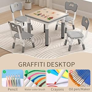 Kids table and chairs height adjustable childrens table and chair set kids tables for age 2 8 graffiti desktop table for kids with 2 seats small kids table max 300lbs  urban country home decor