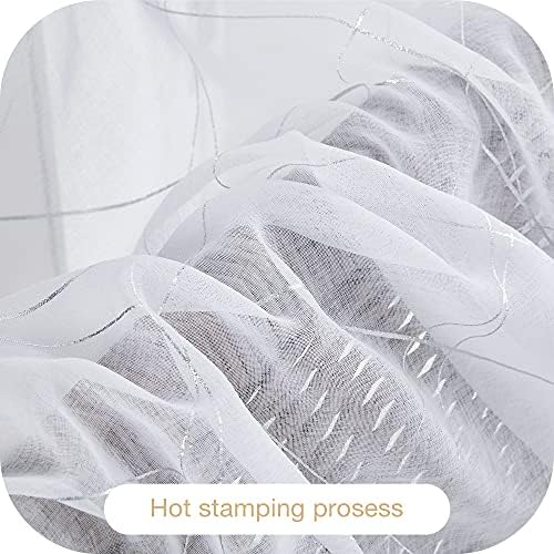 Amazon Brand - Umi Linen Effect Foil Printed Line Voile Curtains Eyelets Sheer Curtains Home Decorative Net Curtains for Bedroom 55 x 72 Inch White One Pair