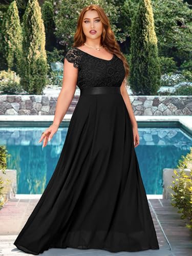 Miusol Women's Plus Size Cap Sleeve V Neck Floral Lace Ruffle Elegant Bridesmaid Evening Maxi Dress3