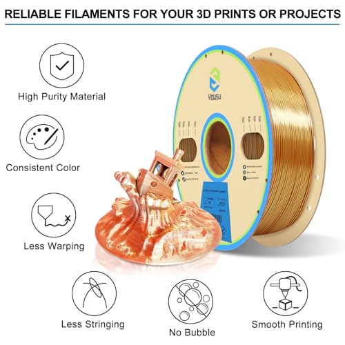 Image of YOUSU PLA Filament1.75mm, Triple Color Coextrusion Silk 3D Printer Filament 1.75mm for 3D Printer & 3D Pen, Multicolor PLA Rainbow Filament, 1kg(2.2lbs) Silk PLA Gold Silver Copper.