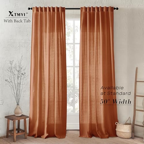 Image of XTMYI Burnt Orange Curtains 2 Panels 84 Inches Long for Bedroom,Boho Back Tab Hooks Pleated Linen Sheer Pumpkin Color Fall Curtains for Living Room