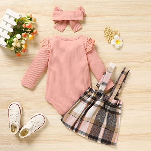 Viworld Baby Girls Fall Clothes Ruffle Long Sleeve Ribbed Romper + Plaid Corduroy Suspender Skirt + Headband 3Pcs Outfits(Pink,18-24M) #TOP6