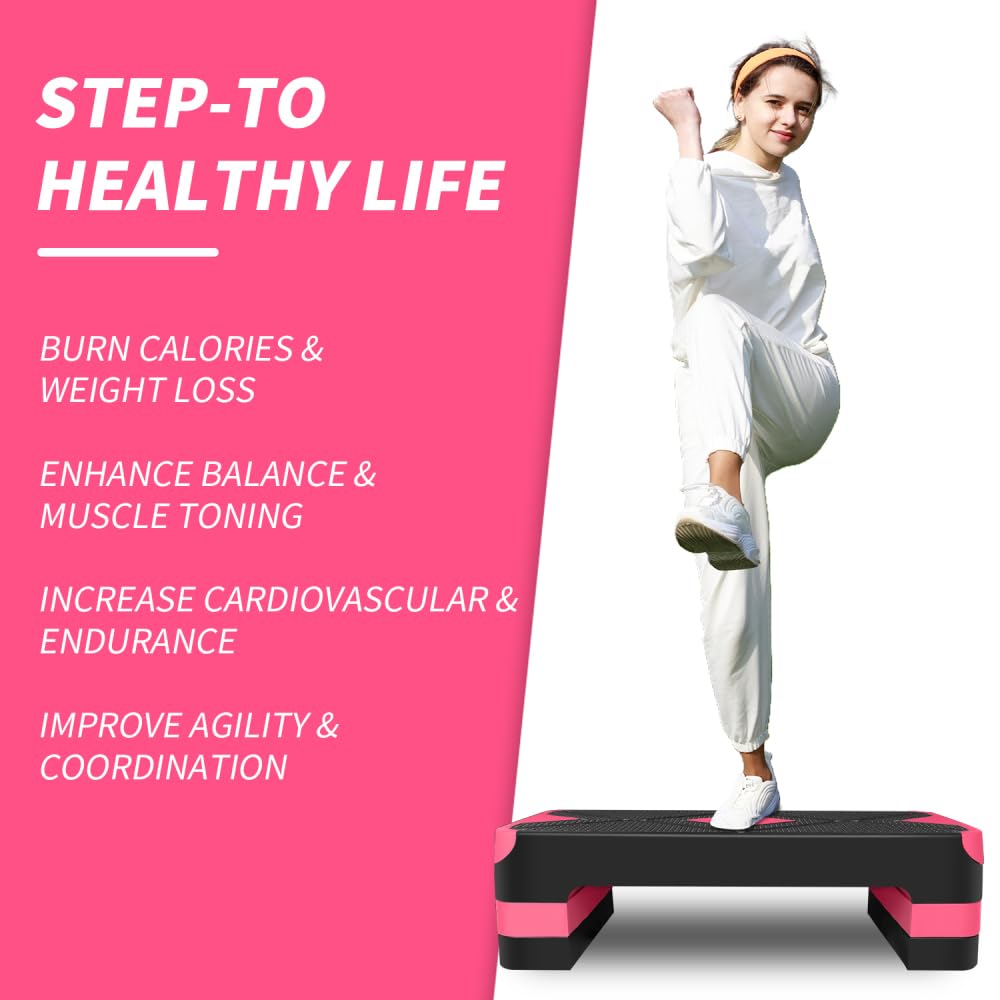 Stepper do aerobiku, regulowana platforma fitness, step board z regulacją wysokości, do treningu cardio, treningu w domu, treningu równowagi i ćwiczeń aerobowych (czerwony)