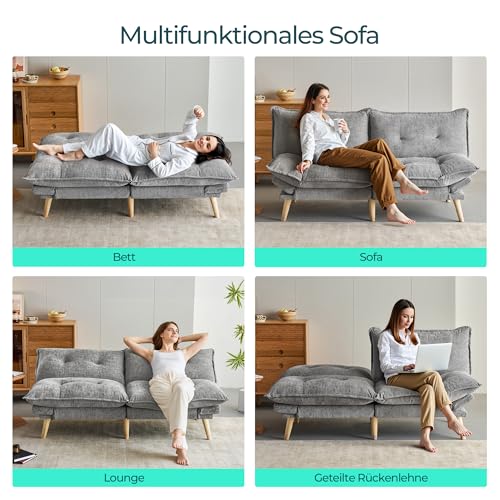LINSY HOME Schlafsofa 2-Sitzer mit Schlaffunktion, Klappsofa aus Chenille, 180x106 cm Liegefläche, 3 Fach Verstellbare Rückenlehne, Bettsofa für Wohnzimmer & Schlafzimmer - Hellgrau