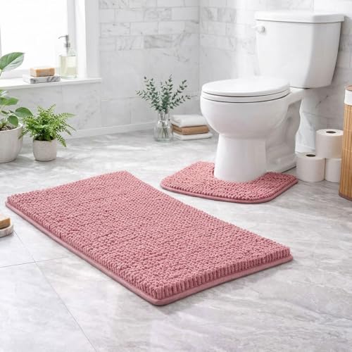 Party HuB Lot de 2 tapis de salle de bain à poils longs en chenille doux et antidérapant très absorbant avec tapis contour WC en forme de U