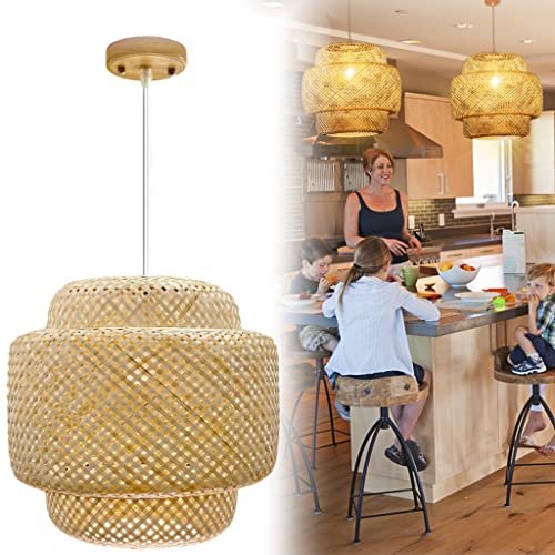 Image of flkisnuas Bamboo Pendant Light Fixture, Hand-Woven Rattan Boho Hanging Lamp, 1 Pack Farmhouse Interior Flush Mount Ceiling Chandelier for Dining/Living/Bedroom Kitchen (Square)