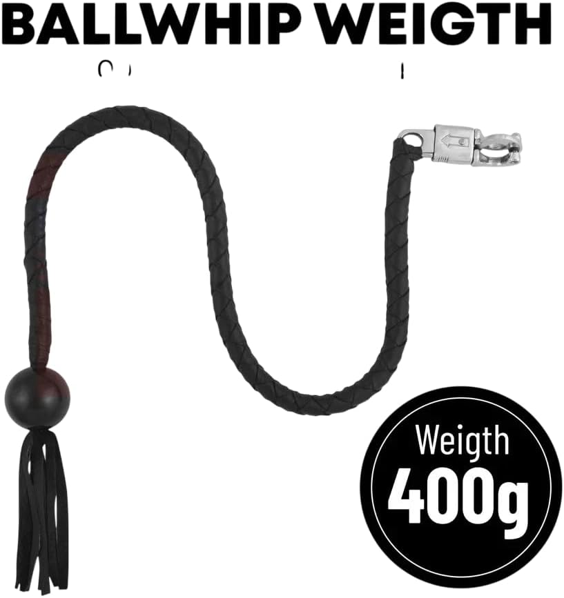 36" Long 1/2“ Diameter Black Motorcycle | Get Back Whip with Ball 8 Biker Whips Handlebar Accessories for Motorbike | Made of Real Leather