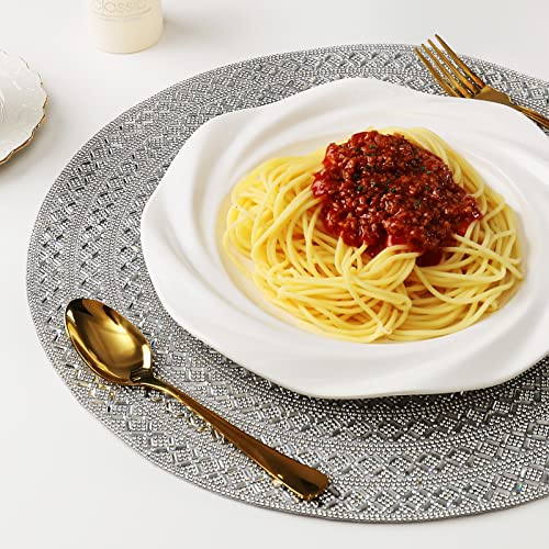 Silver Round Placemat Washable Heat Resistant Non-Slip Table Mat For Kitchen Dining Table Wedding Banquets Sparkle Decoration Glass Rhinestones Placemat (15 Inches) #TOP1