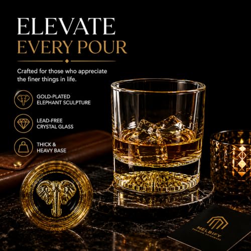 Image of Melbify Elephant Whiskey Glass | Set of 4 | 300 ml| Whiskey Glass Gift Set| Golden Whiskey Glasses|Big| Unique| Broad |Thick| Premium |Thick Bottom | Premium | Speciality Whiskey Glass | Gold Plated