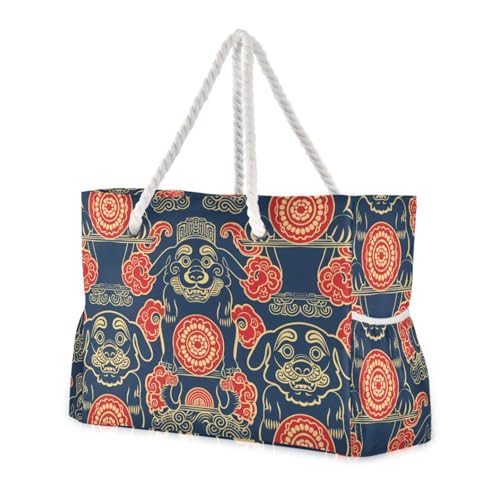 Ethnic Dog Design Blue Red Sturdy Zippered Tote Bags with side pocketes Womens Tote Bag Perfect for Travel Pool Swim Beach Vacation Necessities