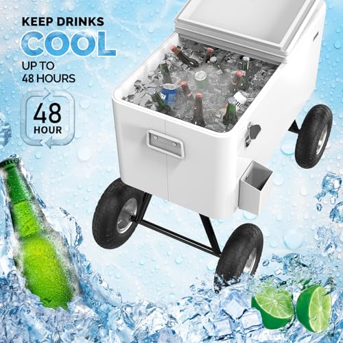 Image of VINGLI 80 Quart Wagon Rolling Cooler Ice Chest, w /Long Handle and 10 inch Wheels, Portable Beach Patio Party Bar Cold Drink Beverage, Outdoor Park Cart on Wheels