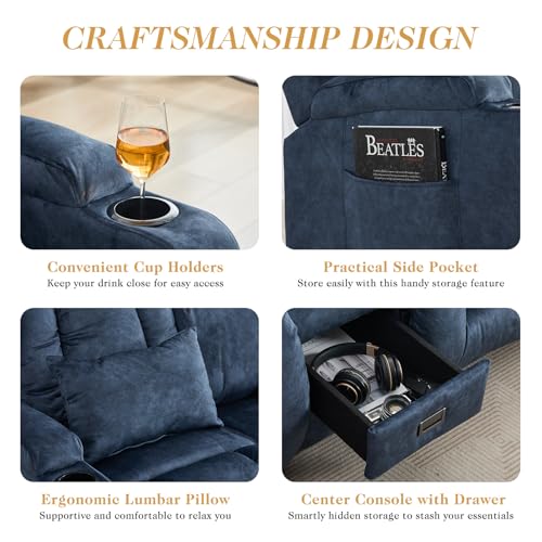 Image of Loveseat Recliner Sofa with Flip-up Console,RV Wall Hugger Recliners for Small Spaces,Reclining Loveseat Sofa Recliner with Cup Holders /Lumbar Pillows,RV Furniture (Blue, 68 inch 2-Seater)