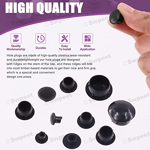 Image of Swpeet 300Pcs 1 /2 inch - 14mm Black Plastic Hole Plugs Assortment Kit, Flush Type Snap-in Locking Hole Tube Panel Plugs