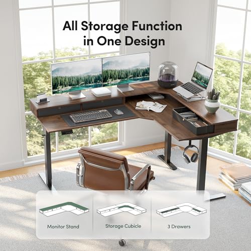 Image of CubiCubi L Shaped Standing Desk with Drawers 63 x 48 Inch Adjustable Height, Electric Corner Desk with Storage, Sit Stand Home Office Desk with Splice Board, Black Walnut